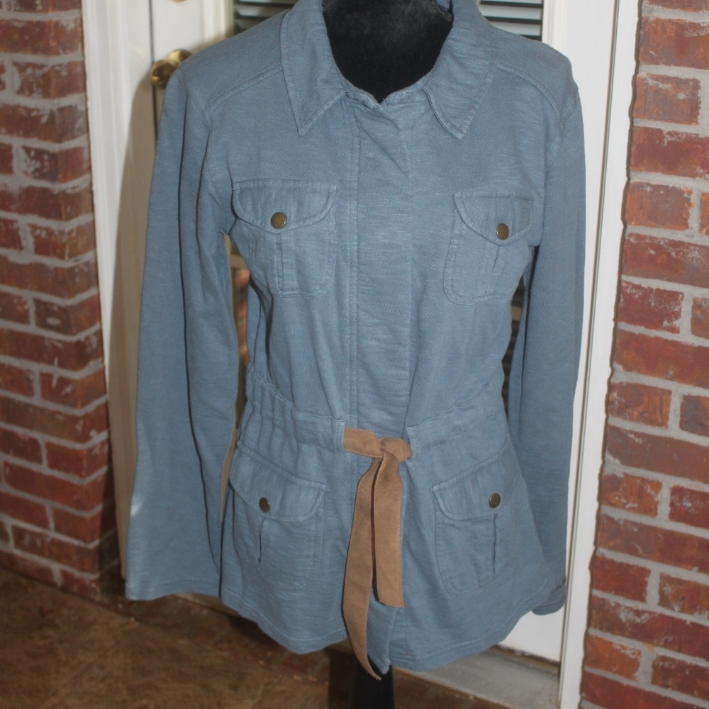 Cabela's lightweight jacket Heather blue snap closure brown suede trim SMALL…EUC